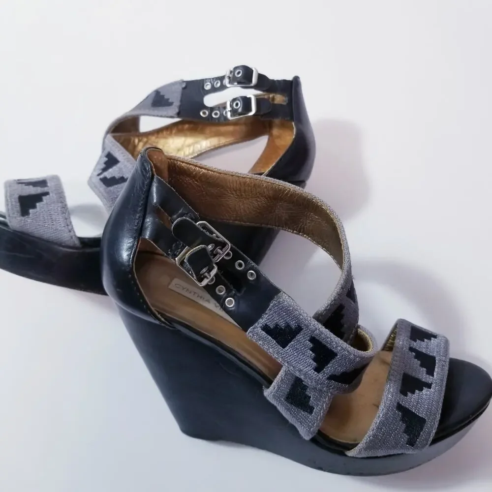 Cynthia Vincent Gray Tribal Wedge Sandals